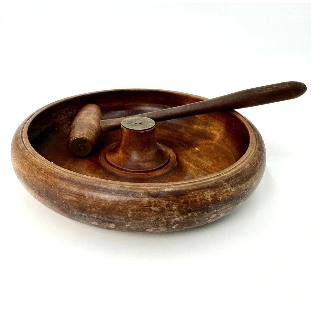 Vintage Mid Century Wood‎ Nut Bowl with Mallet Brass Anvil Center 9 Inch Round